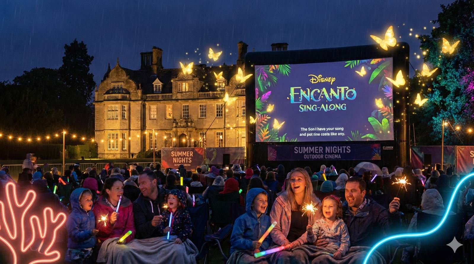 An outdoor cinema singalong screening of Encanto at a stately English country house, colourful tropical flowers and magical golden butterflies projected around a giant outdoor screen, families singing along with on-screen lyrics, neon coral and vibrant green lighting, joyful warm atmosphere with children waving glow sticks