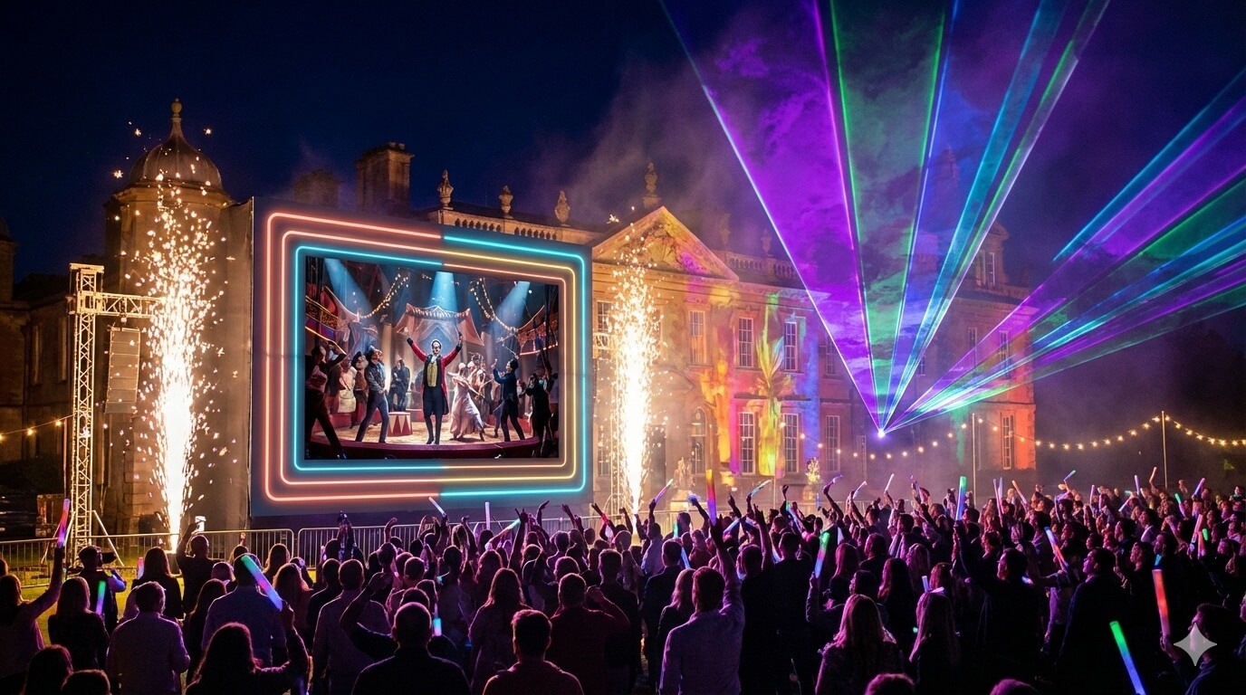 An outdoor cinema screening of The Greatest Showman at a grand baroque country house at night, dramatic circus-themed laser display in vibrant colours, pyrotechnic sparks cascading either side of a giant screen showing a circus scene, audience singing along with glow sticks, magical neon-lit atmosphere with carnival spectacle energy