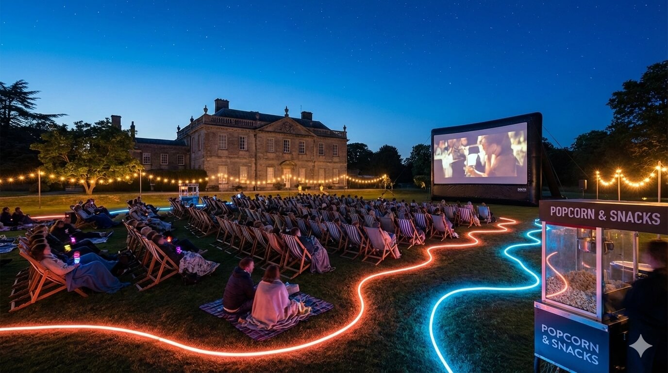 A large outdoor cinema screen glowing in the night at a stately English country house, rows of deckchairs and blankets spread across a manicured lawn, a crowd of silhouetted moviegoers watching under a star-filled sky, warm string lights and soft neon coral accents framing the scene, popcorn stand glowing in the foreground
