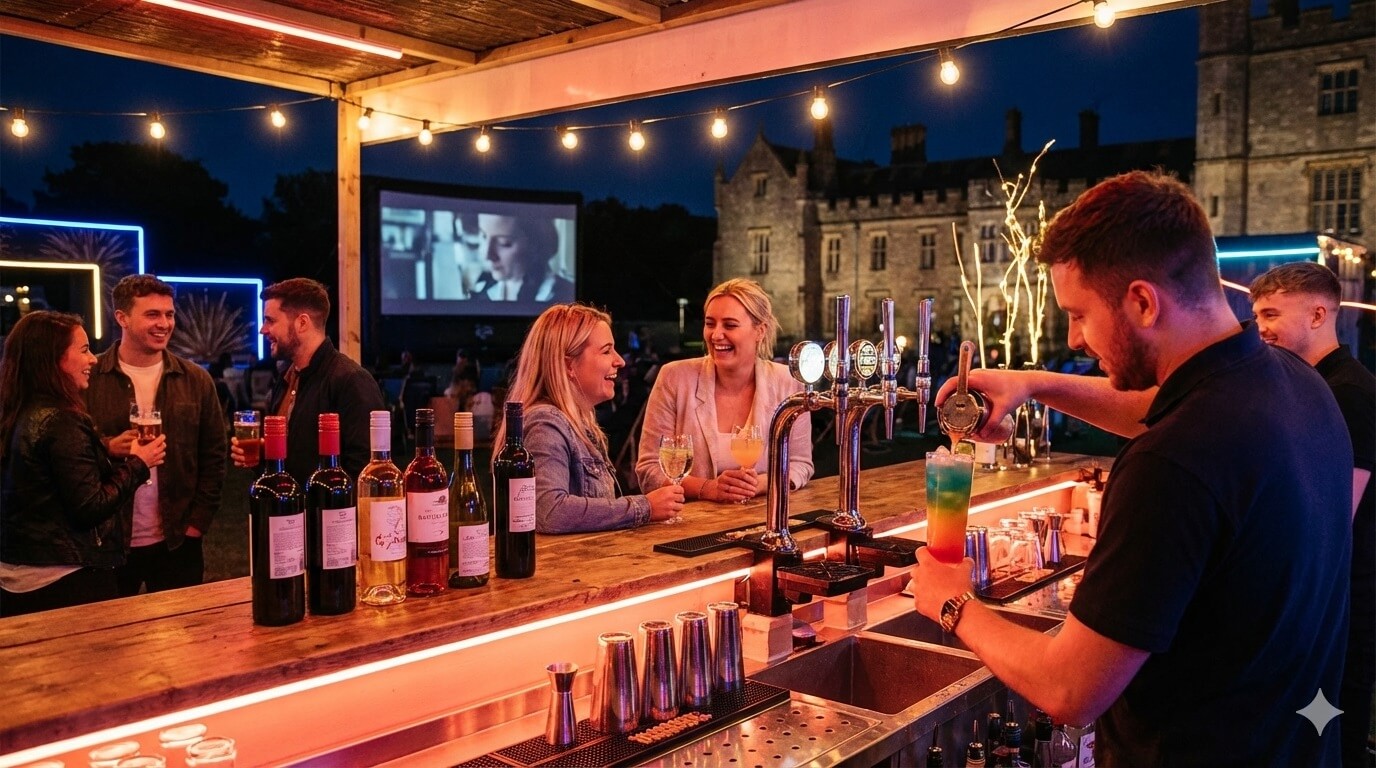 A stylish outdoor cocktail bar at night lit by warm neon coral strip lights and festoon bulbs, bartender pouring a colourful signature cocktail, craft beer taps and wine bottles displayed on a rustic wooden counter, happy customers gathered around with drinks in hand, atmospheric nighttime outdoor cinema event setting