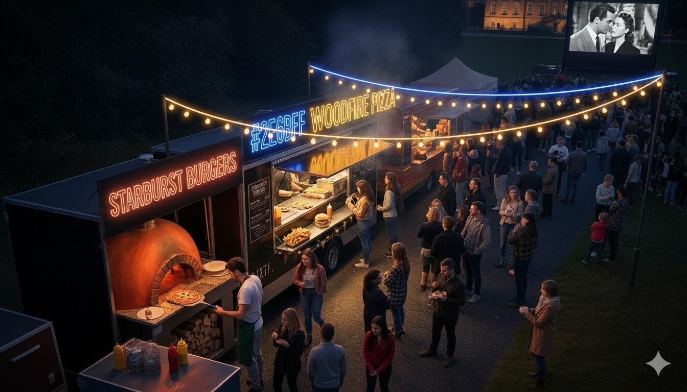 A vibrant row of street food stalls at an outdoor cinema event at night, wood-fired pizza oven glowing orange, gourmet burgers and loaded fries being served from a food truck, colourful fairy lights and neon signage overhead, hungry customers queuing, warm inviting atmosphere with steam rising from cooking