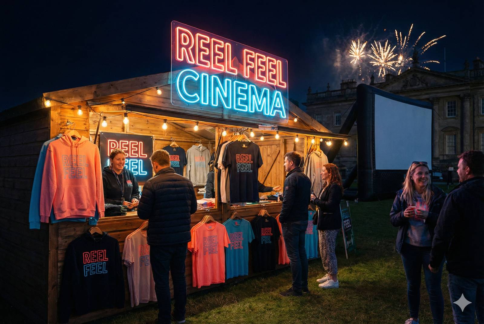 A merchandise stand selling branded outdoor cinema gear at night, customers browsing neon coral-accented hoodies and t-shirts, a branded neon sign glowing above the stall, warm festoon lighting creating an inviting retail atmosphere at an outdoor cinema event
